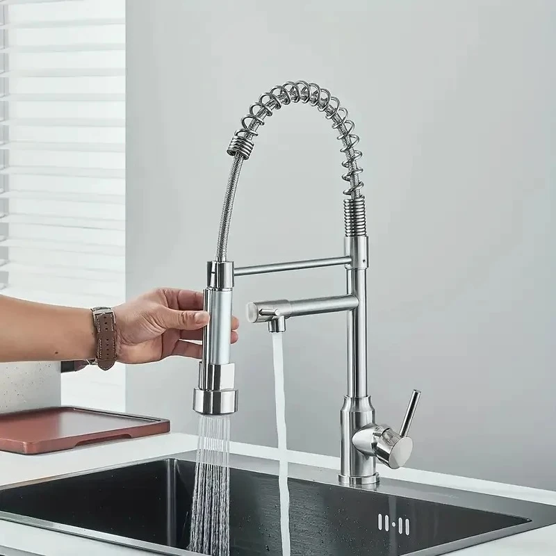Black/Silver/Chrome Kitchen Faucet with Pull-Down Sprayer, Deck Mount Hot and Cold Water Mixer Faucet, Dual Spout Faucet, Crane