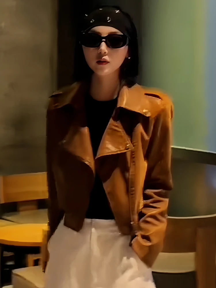 Jaqueta de Couro Feminina Elegante e Versátil, Estilo Francês, Caimento Solto, Nova Chegada de Outono, Top Feminino