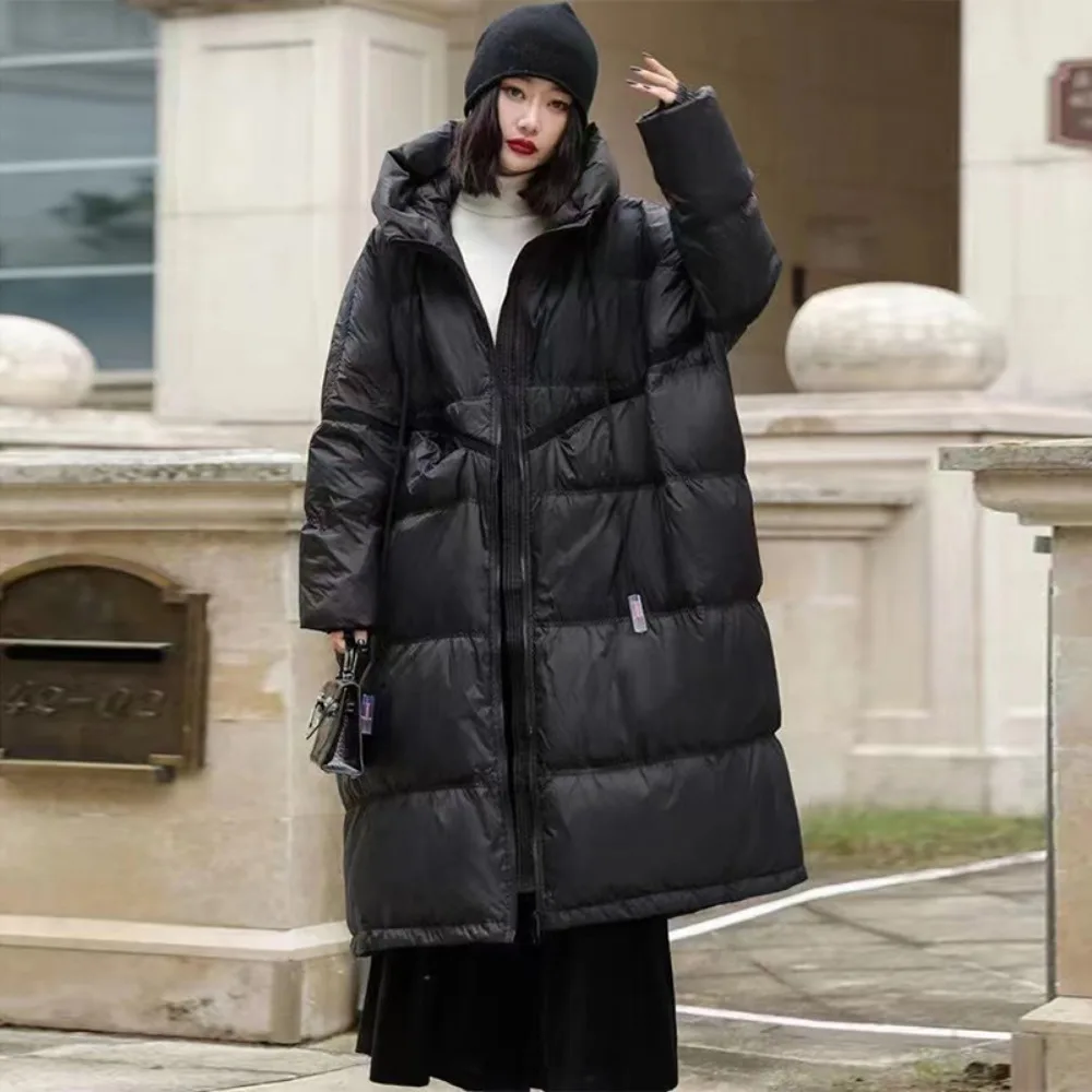 

2025 New Winter Female Thick Warm White Duck Down Jacket Women Oversize Long Puffer Coat Hooded Loose Parkas Outwear Pockets