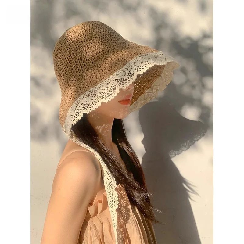 Viney المرأة كبيرة حافة St قبعة الدانتيل طوي قبعة واقية من الشمس عادية Sle قابل للتعديل قمة مستديرة للسفر في صيف 2025