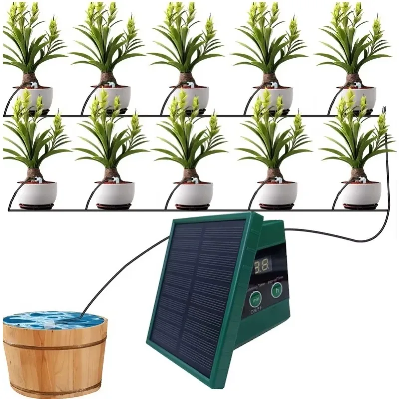 

Solar Drip Irrigation System for Garden, 30 Timing Modes Automatic Drip Irrigation Kit Supports 10 Indoor and Outdoor Plants
