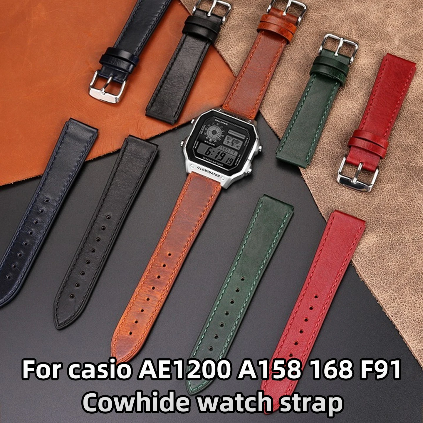 18mm Genuine Cowhide Leather Strap for Casio AE1200/1300/A158/A159–Retro Convex Mouth Bracelet, Vintage Small Square Watch Band
