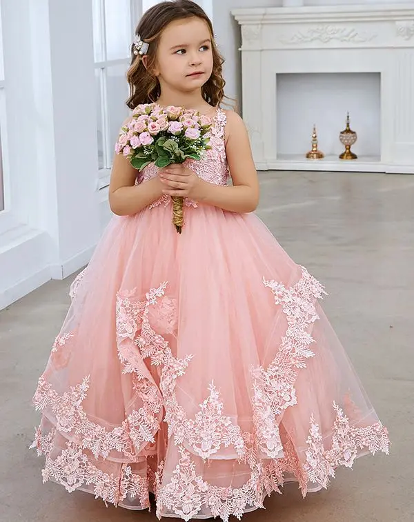 Pink Puffy Lace Applique Tulle Dress, Vestidos florais para casamento, Festa de aniversário, Vestidos de baile princesa, Vestido para crianças, 2024