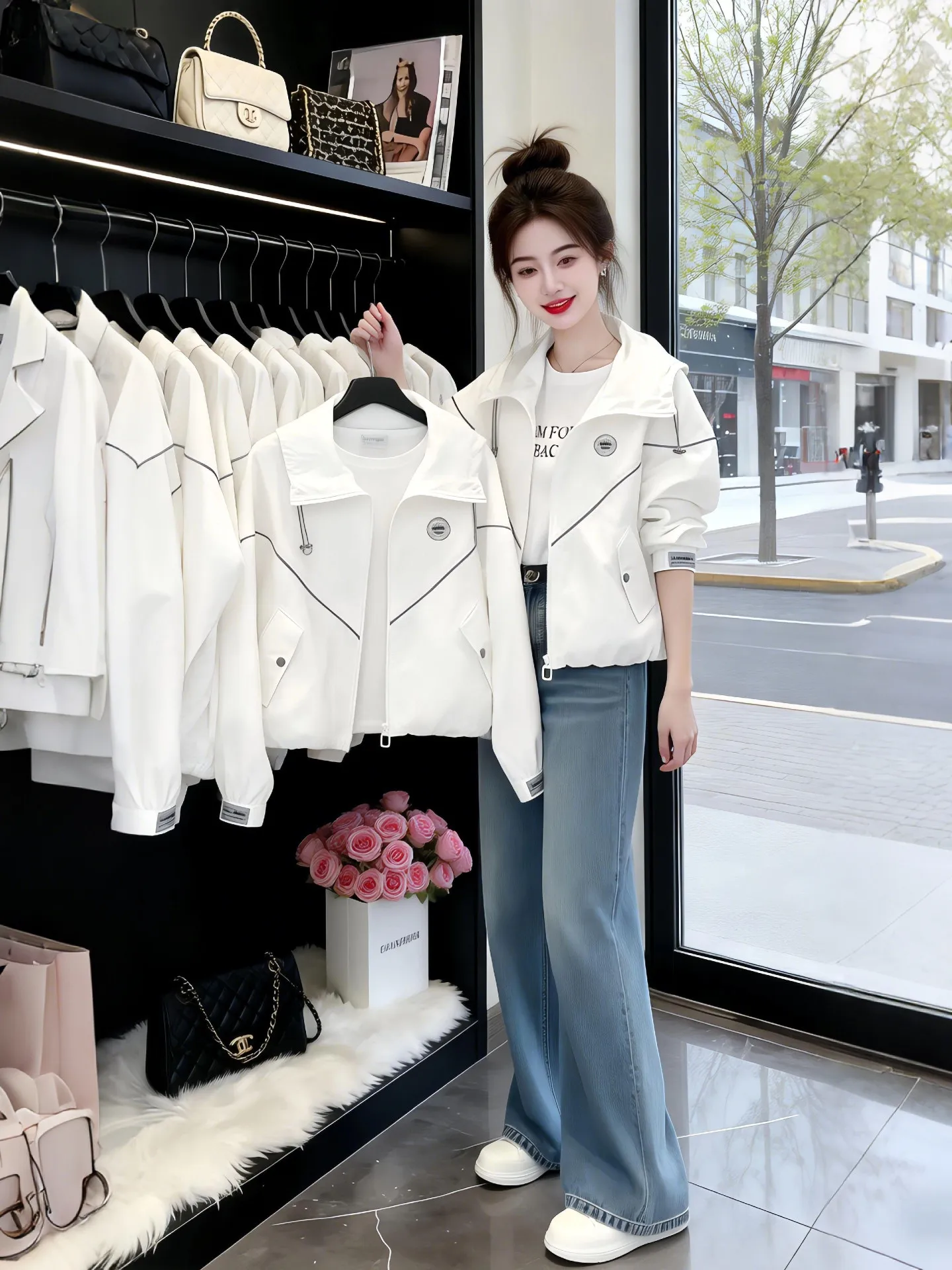 

Women's Loose Fit Summer Thin Jacket Stand Collar Commute Versatile Sun Protection Top Breathable Long Sleeve White Coat