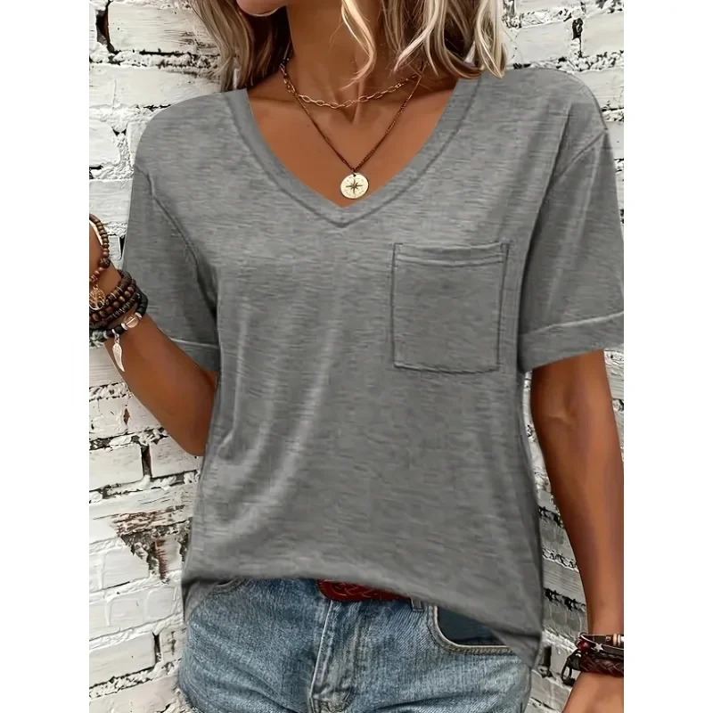 

Plus Size 1XL-5XL Women's Fashionable Solid Color V-neck Loose T-shirt Ladies Casual Comfortable Short Sleeved T-shirt