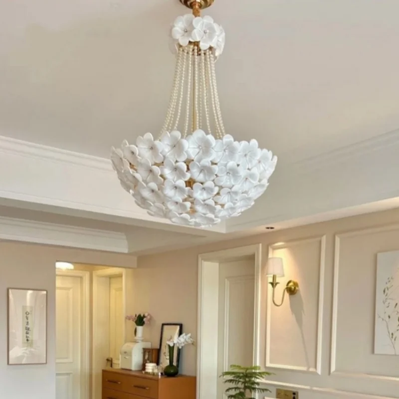 

French Style Light Luxury Living Room Pendant Light Designer Glass Petal Bedroom Pearl Atmospheric Ceiling Pendant Light