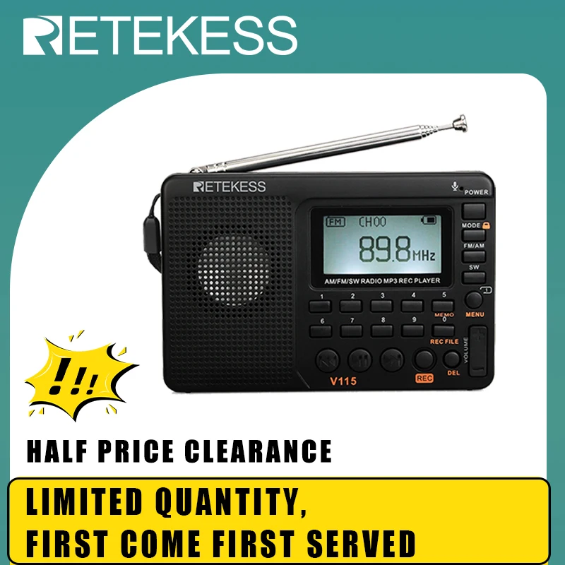 Retekess V115 FM/AM/SW Digital Radio Portable Receiver Backlight LCD Display Support TF Card REC Recorder Sleep Time