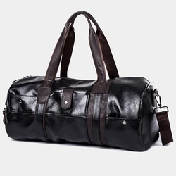 Saco de ginástica de couro PU para homens, bolsa de bagagem masculina, fim de semana diário, fitness, ioga, macio, preto