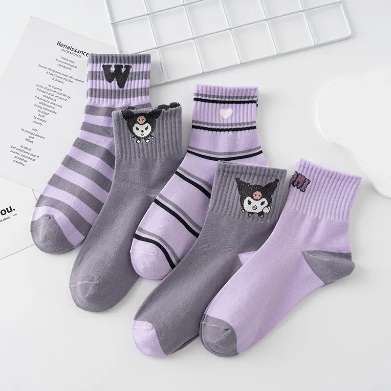 

5 pairs of Sanrio Kuromi socks four seasons breathable girls' socks purple sports mid-calf cotton socks 18-40years old