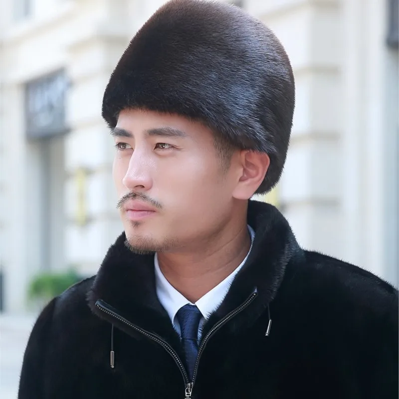 New men's fur warm and thick winter leather real wool cotton hat