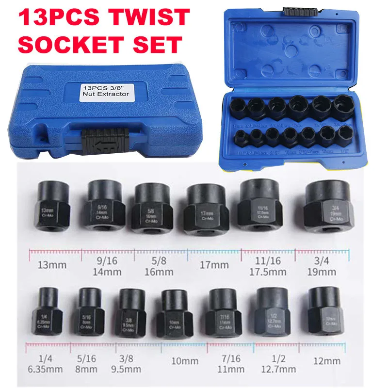 

13Pcs Impact Damaged Bolt Nut Screw Remover Extractor Socket Tool Kit Removal Set Bolt Nut Screw Removal Socket Wrench 3/8"