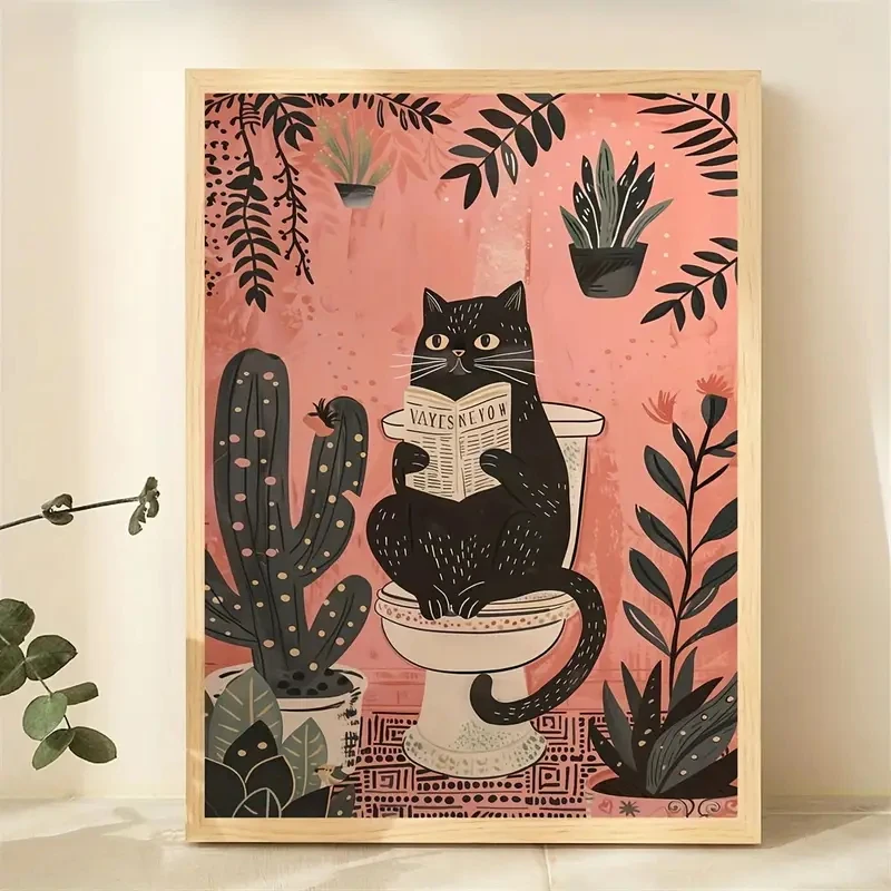 

Black Cat Reading Newspaper Canvas Posters Art Prints Pink Green Succulent Plants Bedroom Living Room Kitchen Corridor Decor
