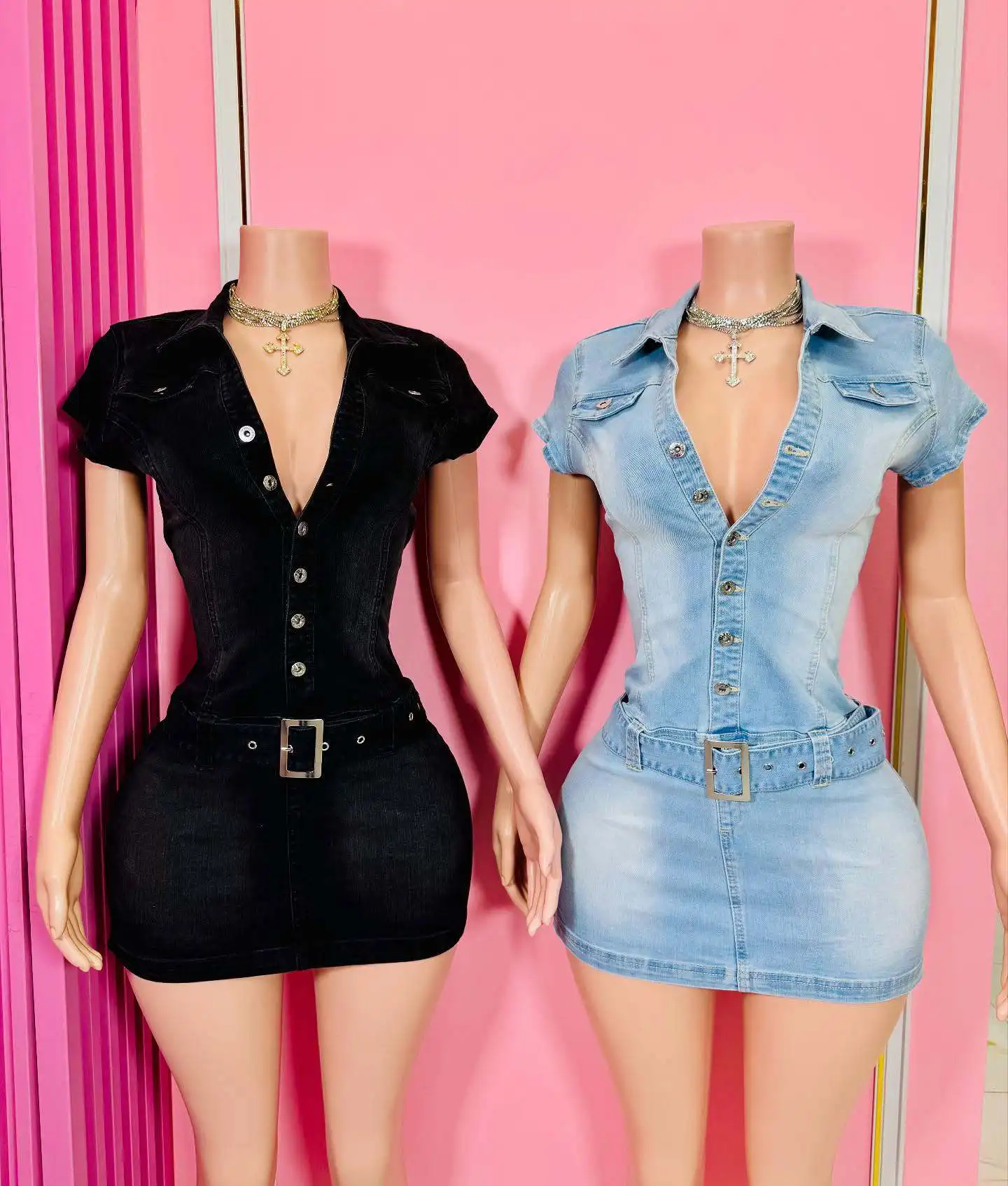 

Women Y2k High Stretch Denim Mini Dress With Belt Fashion Sexy Turn Down Collar Short Sleeve Single Breasted Bodycon Jeans Skirt