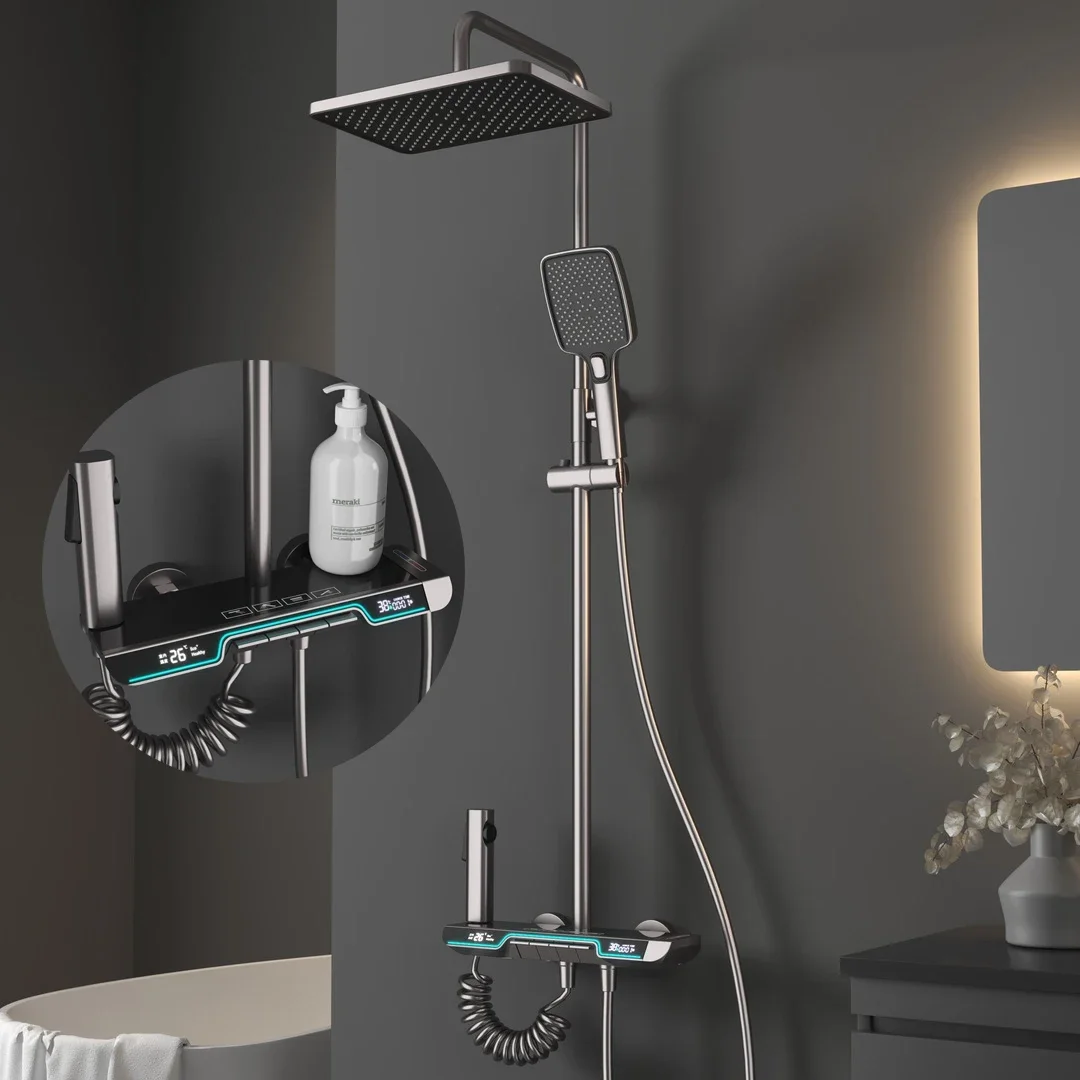 

Gunmetal Gray Four-Speed Thermostatic Shower Set LED Digital Display Bathroom Copper Home Faucet Shower Set