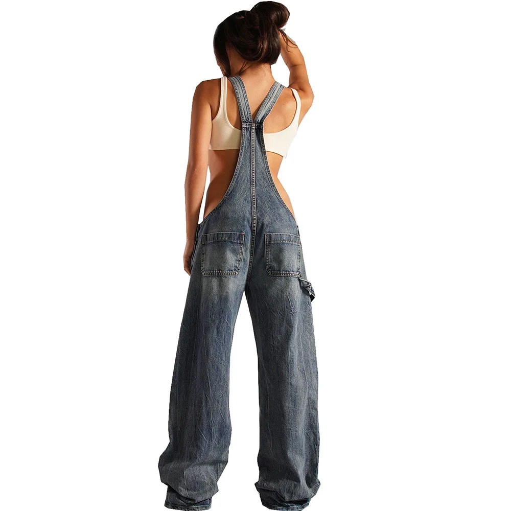 Jumpsuits Women Jeans Overalls Sexy Backless Vintage Full Length Denim Straight Pants Loose Pockets Distressed Washed Casual