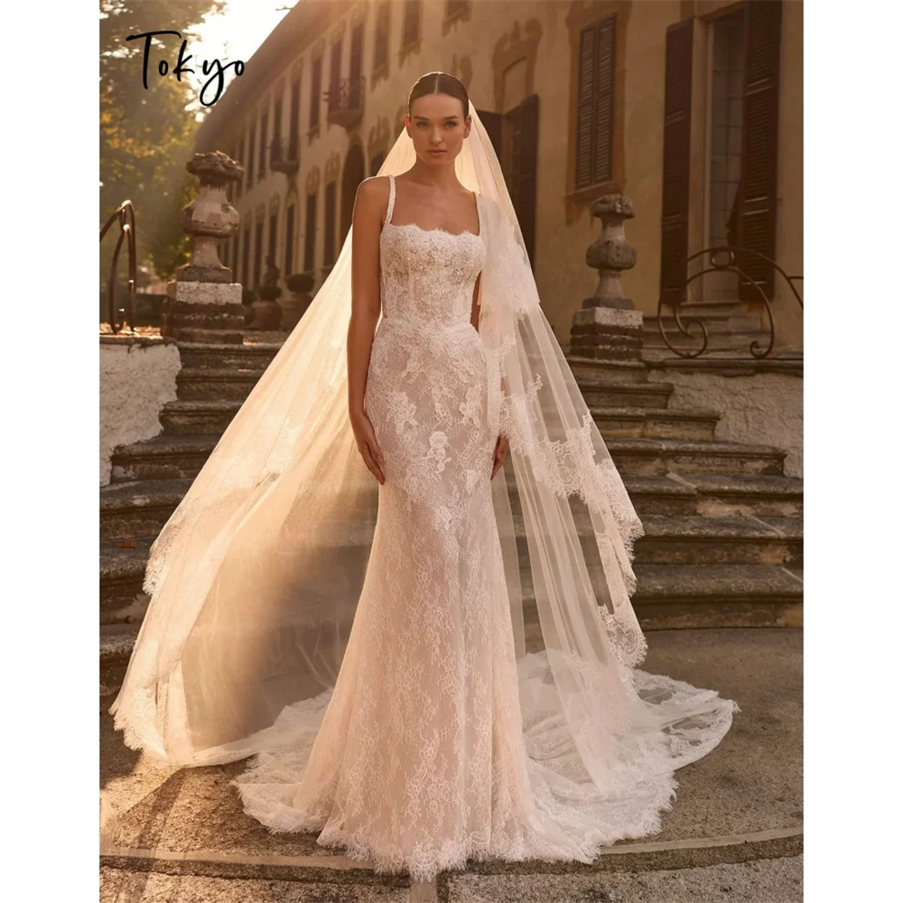 Tokyo Elegant Lace Mermaid Wedding Dress Square Neck Backless Bridal Gown Slim Fit Luxury Applique Church Beach Wedding Gown