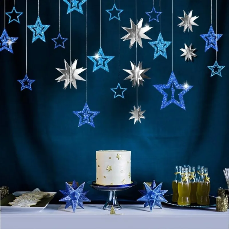 

Set of 3 Birthday Party Decorations For Blue Silver Metallic Paper 3D Star Garlands Twinkle Small Star Starry Party Supplies