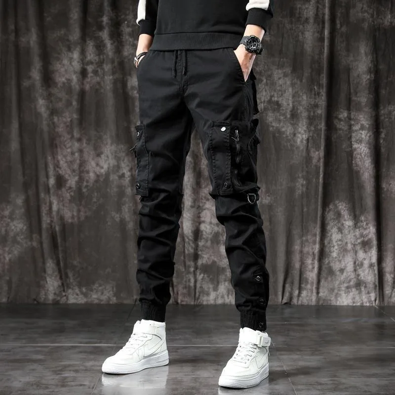 Spring And Autumn American Trendy Brand Men's Multi-Pocket Overalls Slim-Fit Tie Street Casual Pants Black Pants