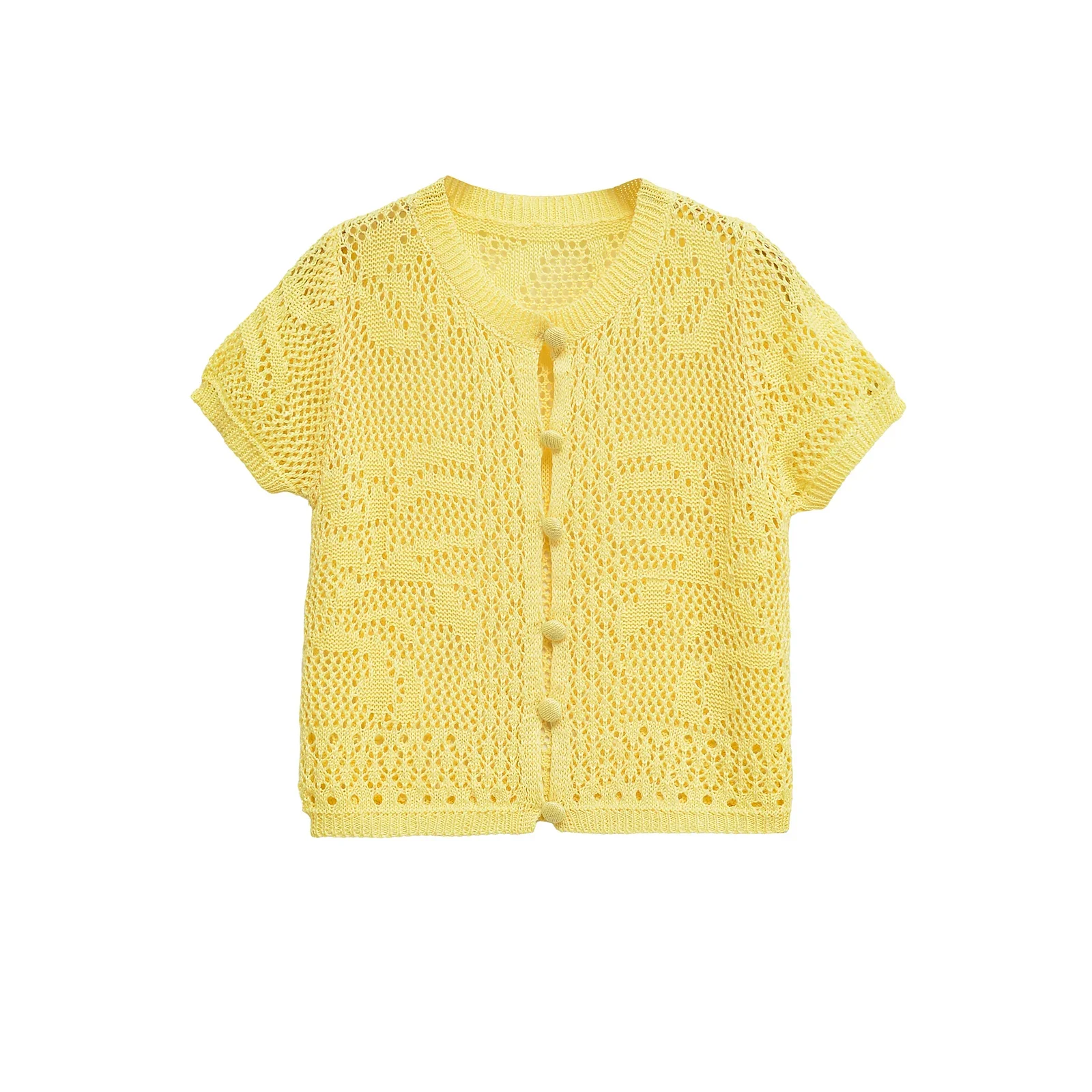 

Женский желтый вязаный топ, однобортный, вязаный крючком, с короткими рукавами, универсальный летний повседневный стильный топ 6236020