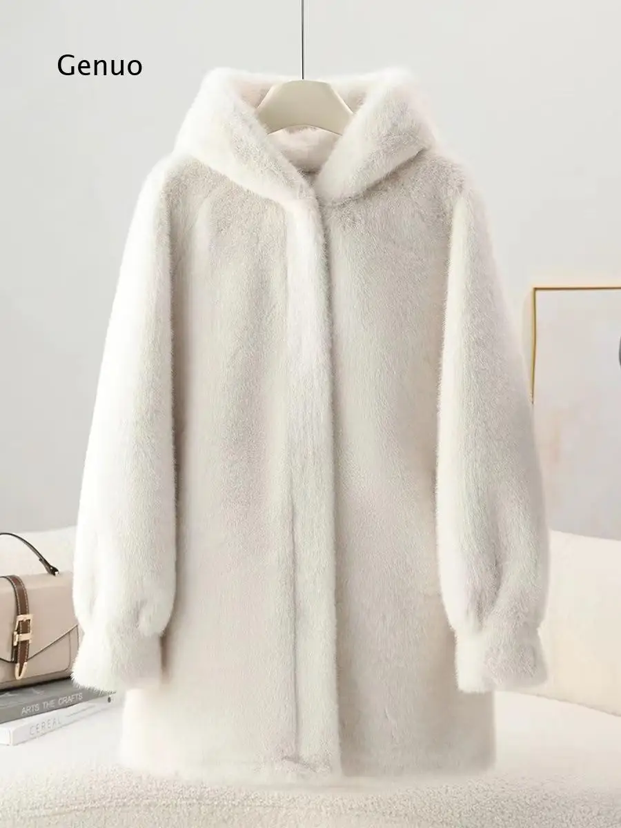 Chic Faux Mink Fur Hooded Coat Winter Warm Thick Outerwear Medium Long Jacket for Ladies Daily Casual Streetwear