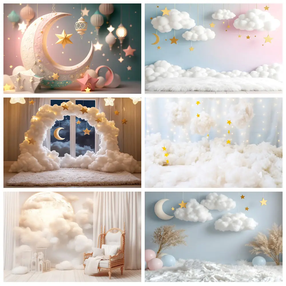 

Newborn Baby 1st Birthday Backdrop For Photography Clouds Stars Moon Air Balloon Girl Boy Portrait Background Decor Photo Studio