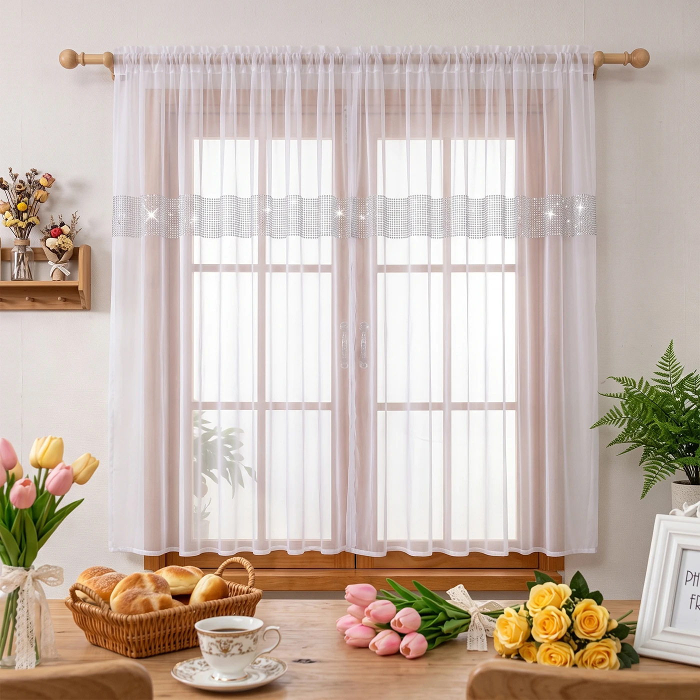 1 Stück Moderner Silberner Strass-Transparentvorhang, Lichtfilternder Fenstervorhang, Für Wohnzimmer, Schlafzimmer, Küche