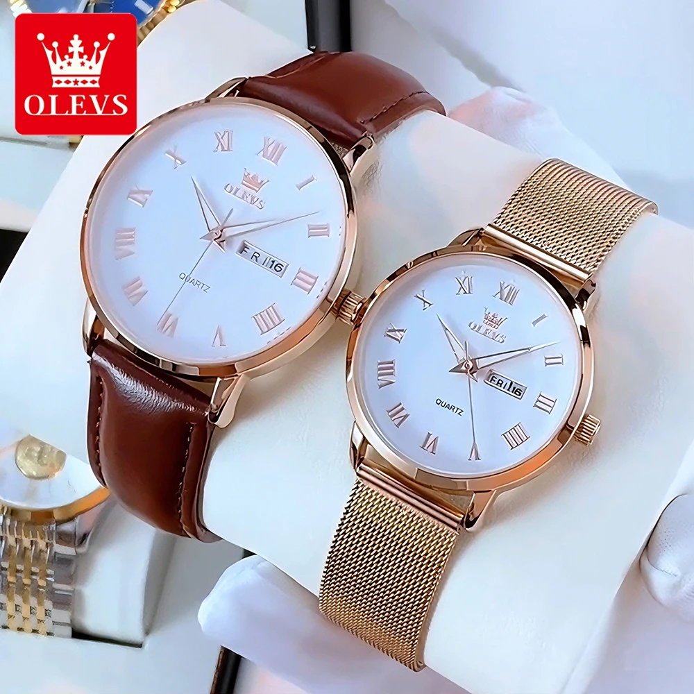 OLEVS Couple Watches Simple Casual Waterproof Top Brand Original Quartz Wristwatch for Lover Luminous Date Man and Woman Watch