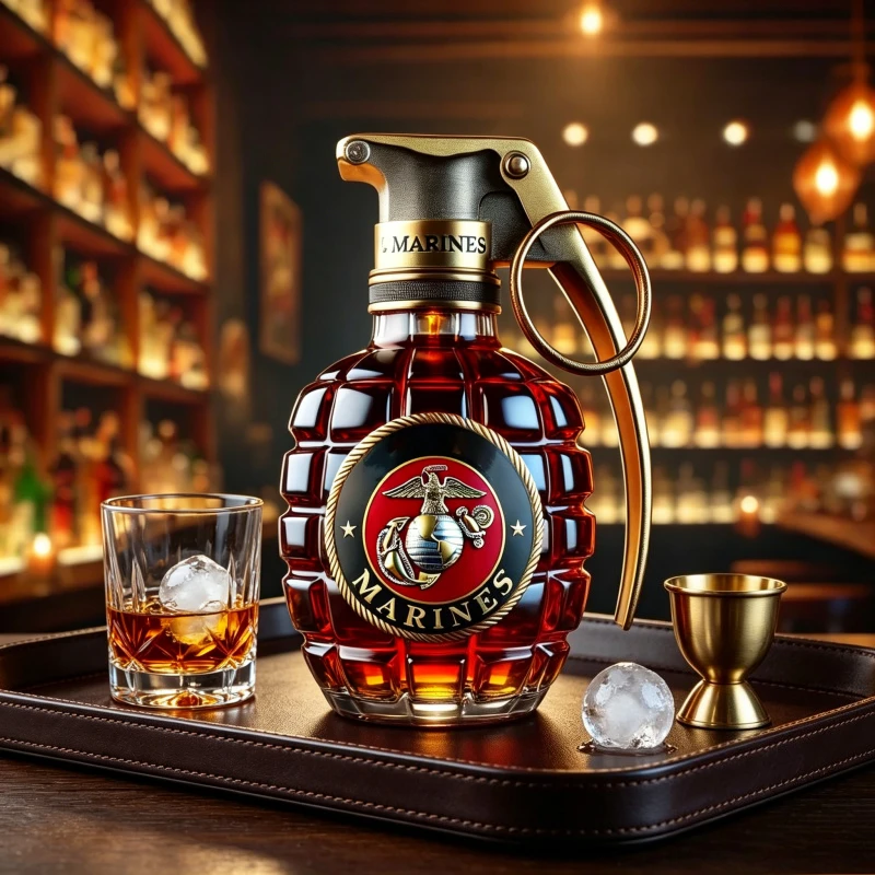 Decantador de whisky con forma de granada de los Marines de EE. UU., botella de licor de vidrio estilo granada militar, regalo para veteranos del Cuerpo de Marines