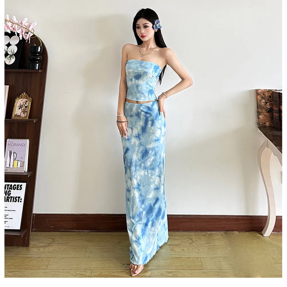 SylCue Tie-Dye Design 2 Piece Set Women Sexy Backless Navel Exposed Strapless Tops+Skinny Long Skirts Summer Beach Style Outfits