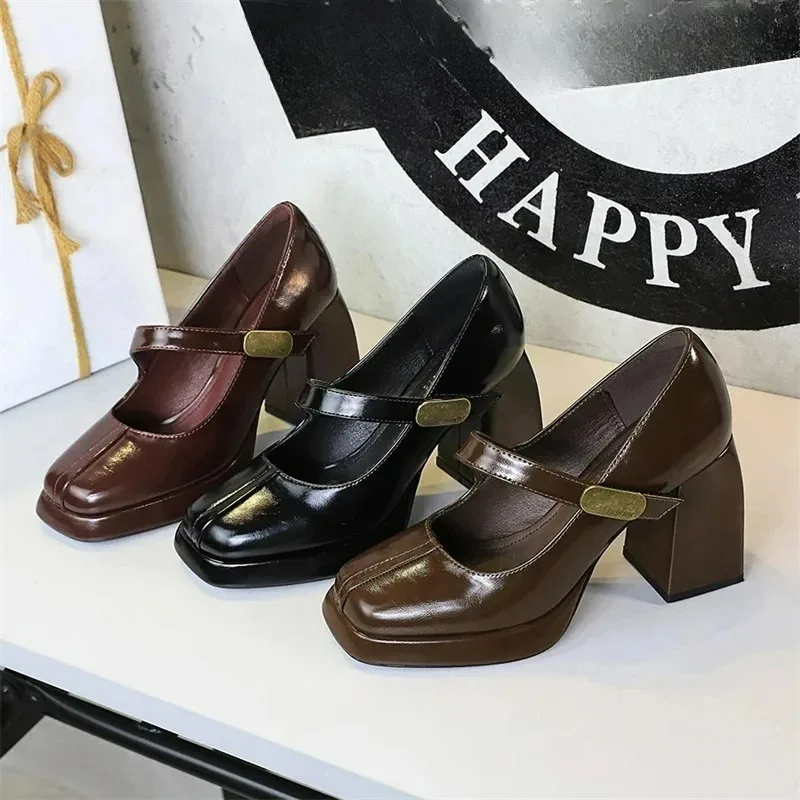 

Women's High Heels Retro Square Head Design High Heels Shoes Fashion Mary Jane Shoes Metal Buckle Leather Single Shoes for Women