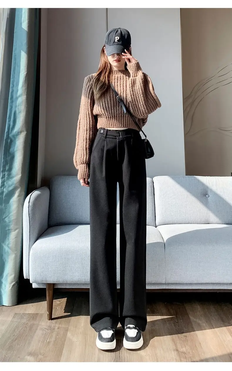Brown Woolen High-end Suit Pants for Women in Autumn and Winter 2023 New Narrow Version Straight Wide-leg Pants with Drape