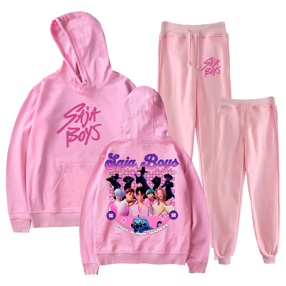 Dibujos animados KPop Demon Hunters Saja Boys Merch sudaderas con capucha Jogger pantalones conjunto de dos piezas sudaderas + pantalones de chándal hombres mujeres conjuntos de trajes