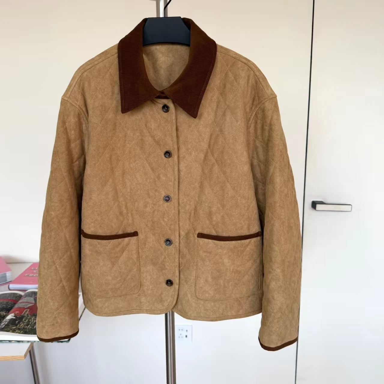 Autumn and winter new vintage diamond grid quilted contrasting corduroy collar with wool cotton lining for women's outerwear