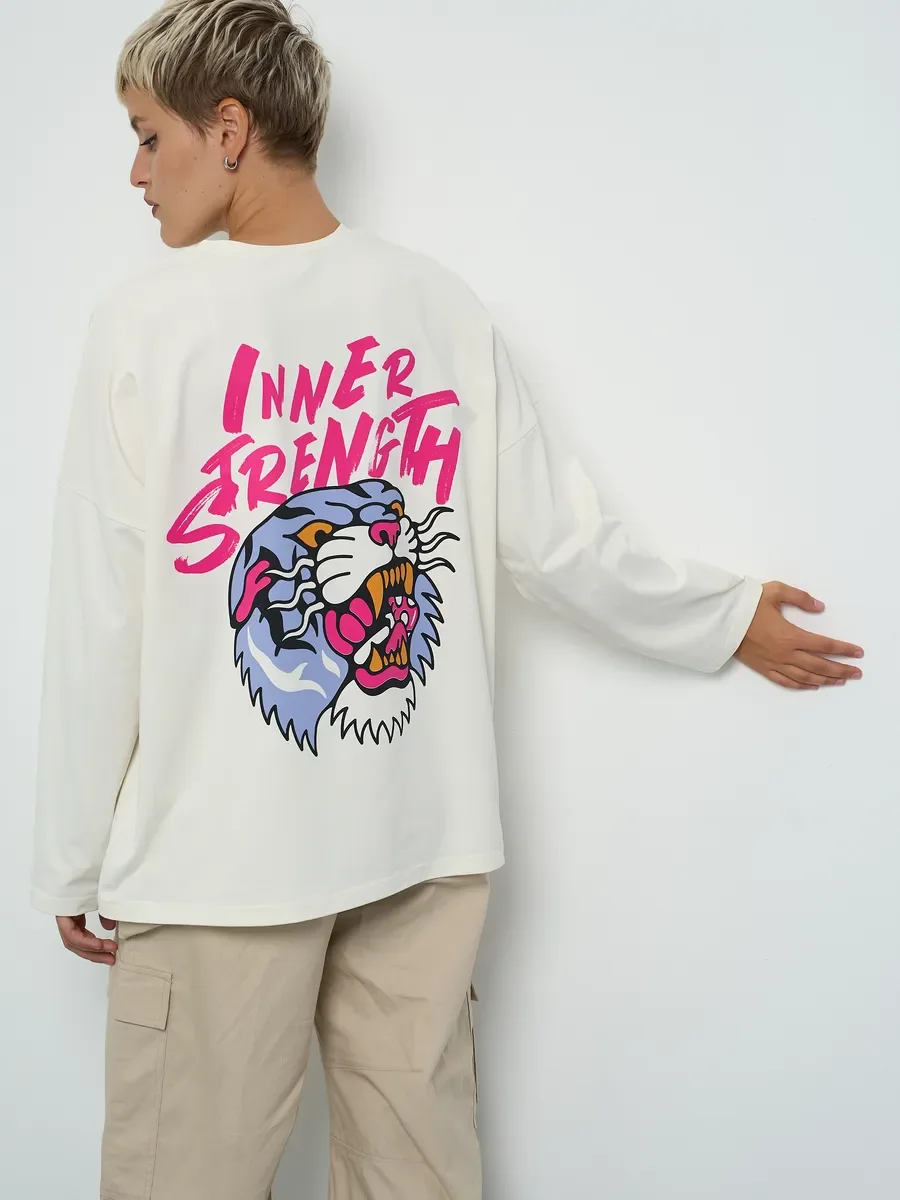 Inner Strength Tiger Back พิมพ์ผ้าฝ้าย 100% เสื้อยืดแขนยาวบางเสื้อกันหนาวหลวมขนาดใหญ่ Streetwear Hip Hop Punk ผู้หญิง