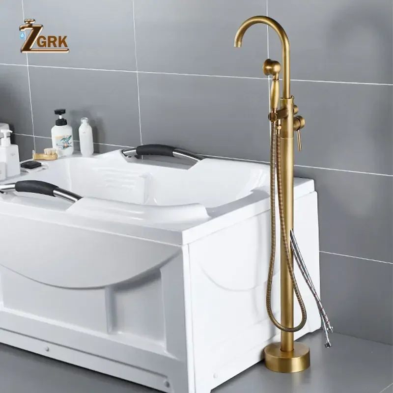 ZGRK Antique Brass Bathtub Faucet Floor Mounted Swive Spout Tub Mixer Tap with Handshower Handheld Bath Shower Mixer Water Set