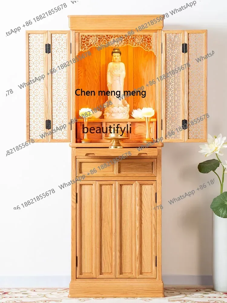 z183  Red Oak Solid Wood Buddha Shrine Altar Modern Household Shrine Clothes Closet with Door Fortune Buddha Cabinet