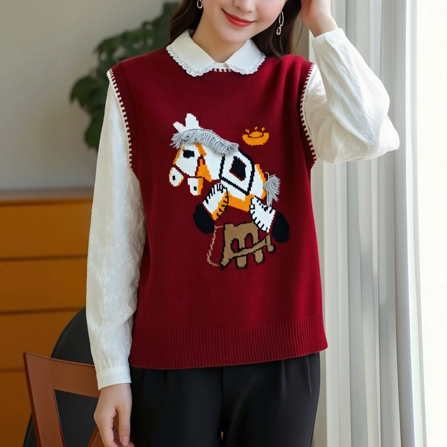 

Women's Knitted Knit Vest Floral Embroidery Layering Top Casual Sle Long Length Faion Autumn Winter Inner Wear Vest
