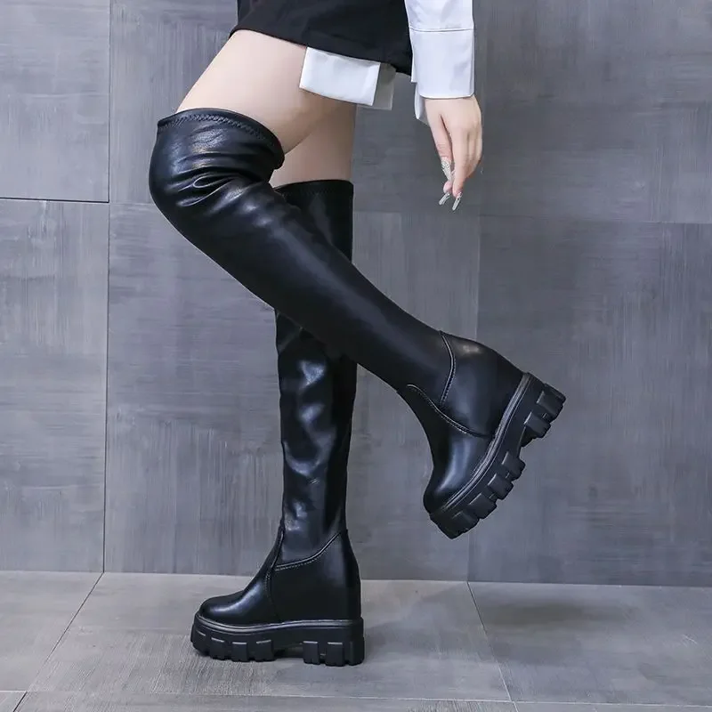 

2025 New Design Women's Leather Over The Knee Boots 11cm Inner Height Boost Anti Slip Slimming High Heel Autumn Winter Tall Boot