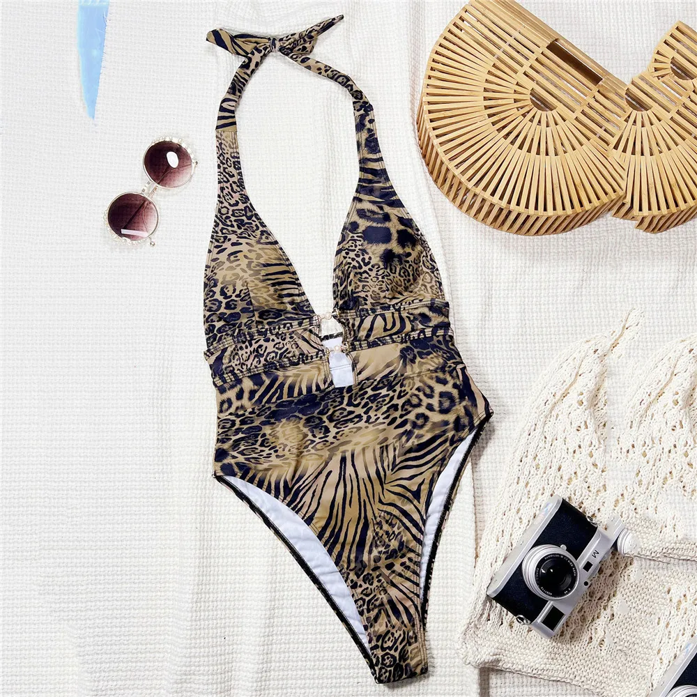 

Tiger Pattern Swimwear Sexy Halter Backless One Piece Swimsuit Women 2025 Deep V Neck Hollow Out Monokini Bead Bathing Suit