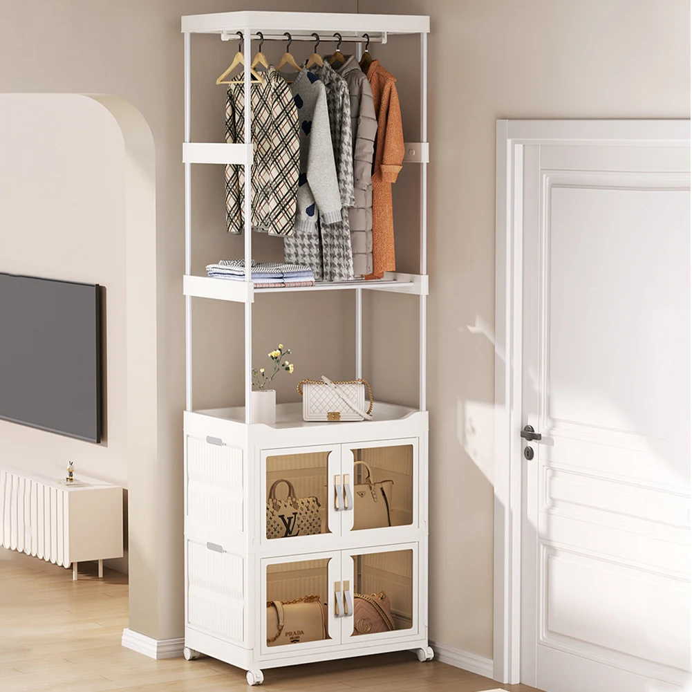 

Mobile Wardrobe Portable Closet with Haging Rod & Cabinet Clothes Organizer with Wheels Clothing Storage Shelf for Home Storage