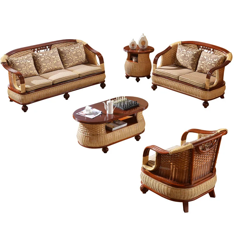 CX Chinese style, rattan sofa three-person combination living room small apartment natural back chair