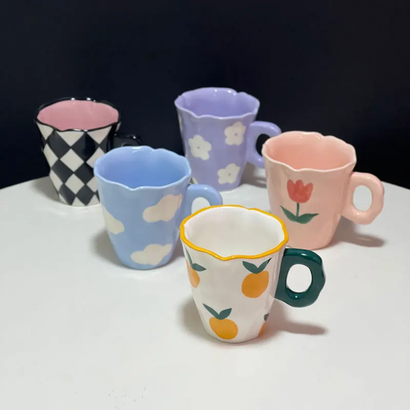 Creative and Lovely Hand-painted Ceramic Orange Mug with Irregular Coffee Cup for Office and Home Lovers Cup and Saucer Suit