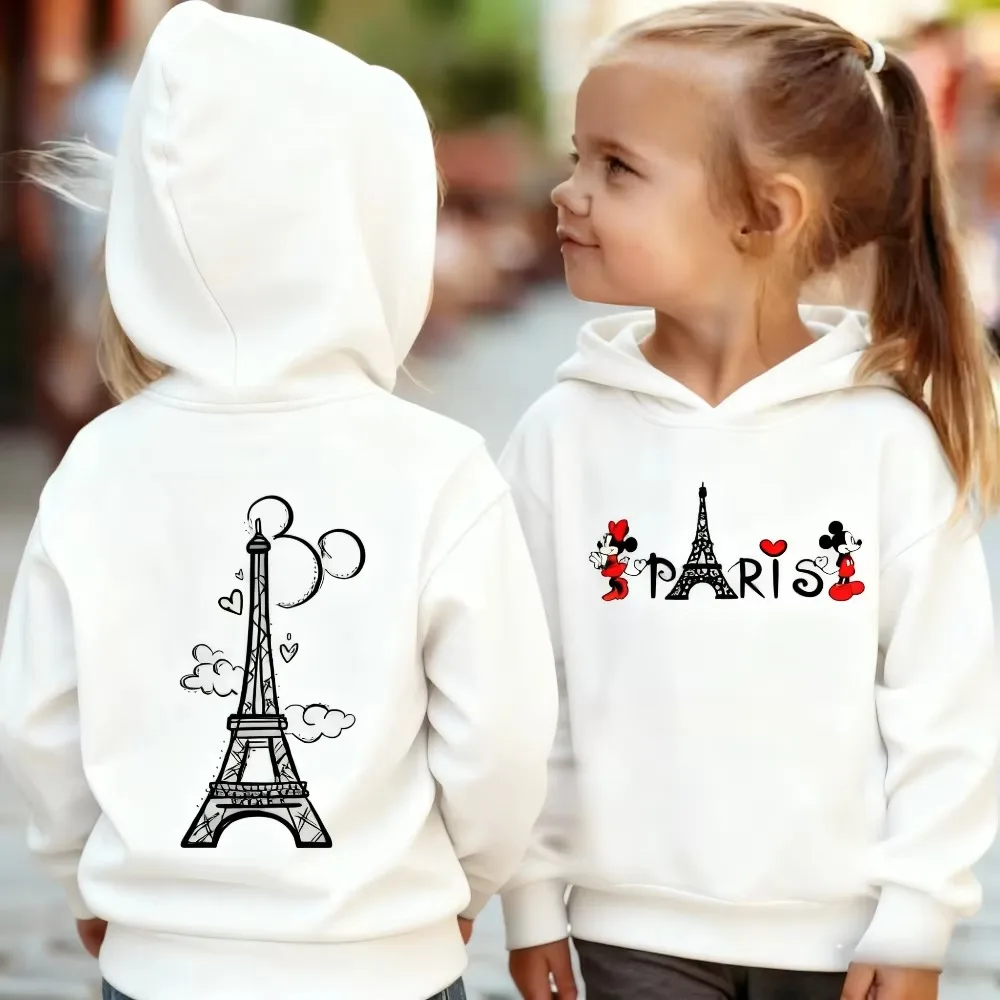 Paris Tower Cartoon Friends Print Kids Hoodie Front and Back Graphic Sweatshirt Boys Girls Casual Long Sleeve Pullover Tops