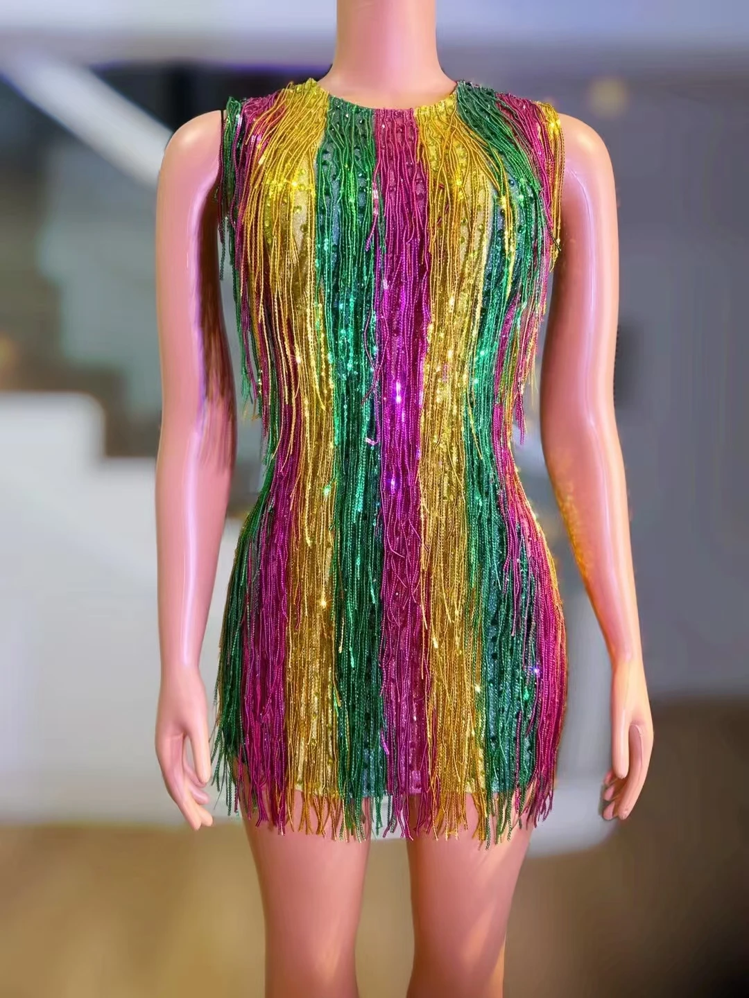 

Colorful Shining Sequin Tassel Sleeveless WomenParty Short Club Niahtbar Dj Sing DanceWear Drag Queen Stage Performance A673