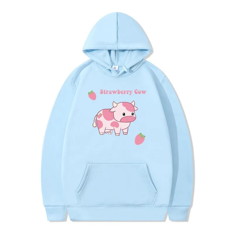 

2024 Fashion Autumn/Winter New Strawberry Milk Printed Long Sleeve Hoodie Cute Harajuku Style Top for Men and Women