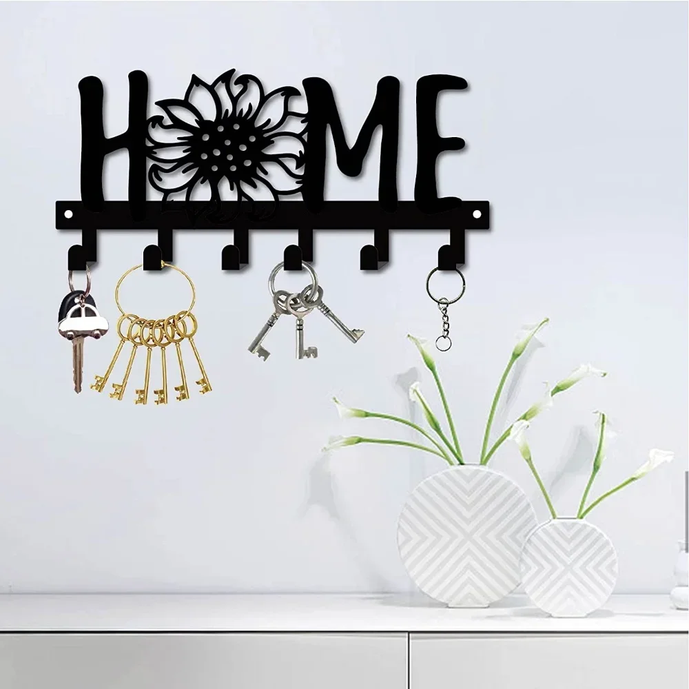 Sunflower and Letter Design Black Metal Key Holder for Wall - Multi-Purpose Porch, Hallway, Bedroom Hook - Key, Clothes