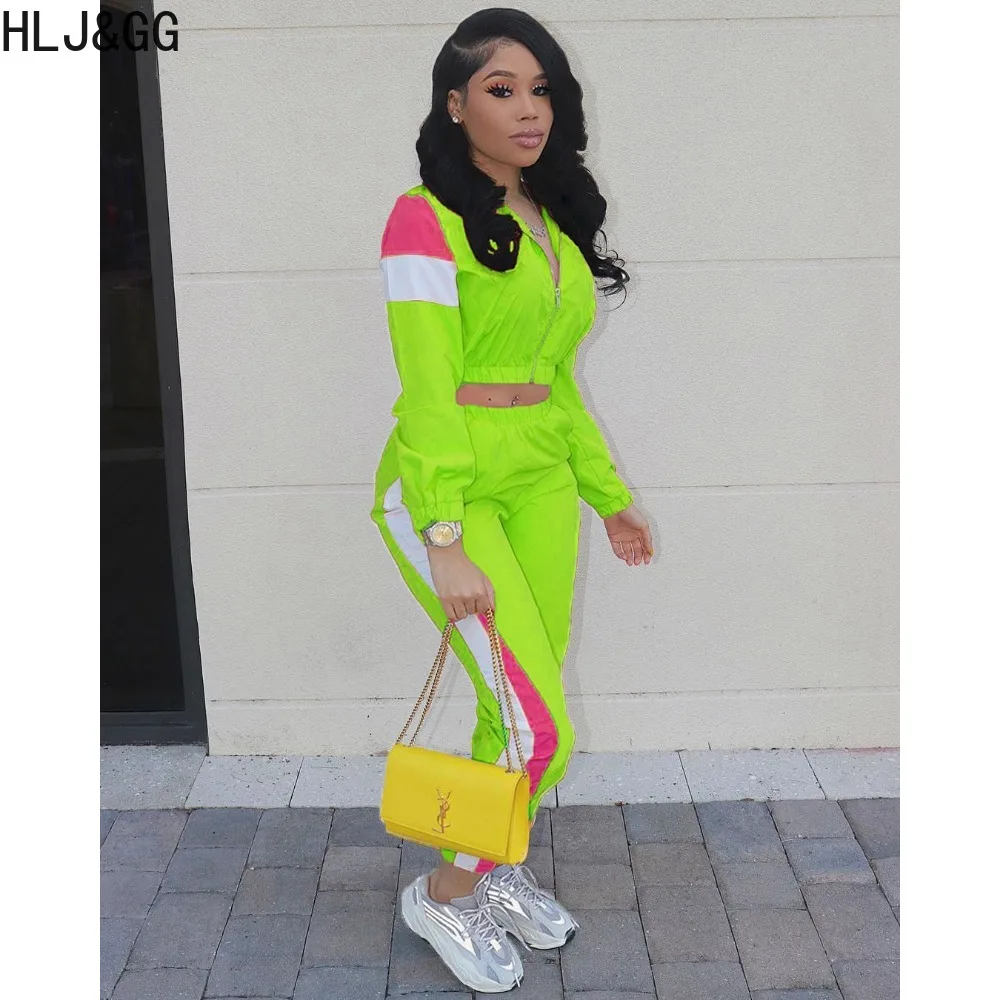 HLJ&GG Casual Color Patchwork Jogger Pants Tracksuits Women Zipper Long Sleeve Crop Top+Pants Two Piece Sets Female 2pcs Outfits