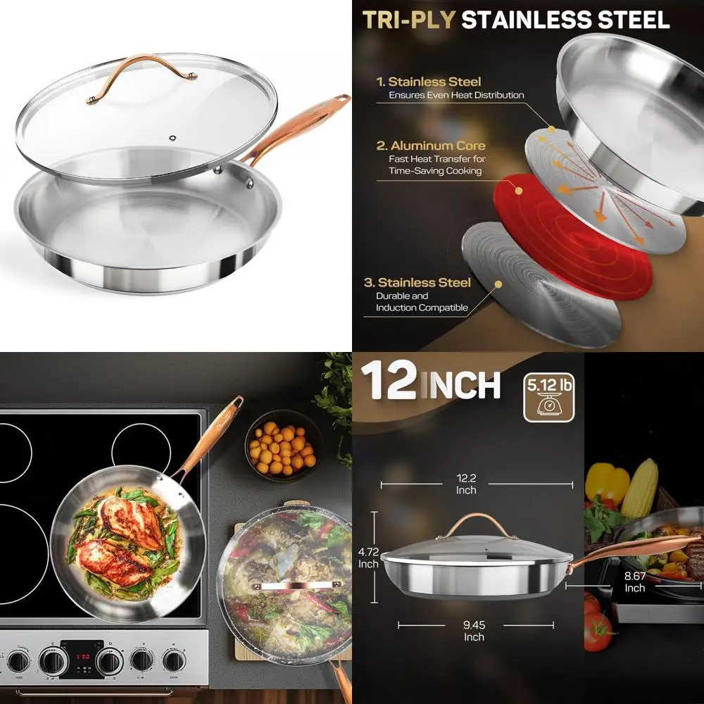

Professional Quality 12 Inch Tri-Ply Stainless Steel Frying Pan with Lid, Compatible with All Stovetops, Ovens, and Dishwashers,