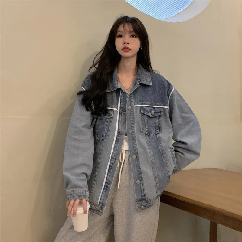 

Женская одежда, осенняя мода, простота, на пуговицах, сплошной цвет, с отложным воротником, женское тонкое джинсовое пальто с длинными рукавами для ленивого ветра