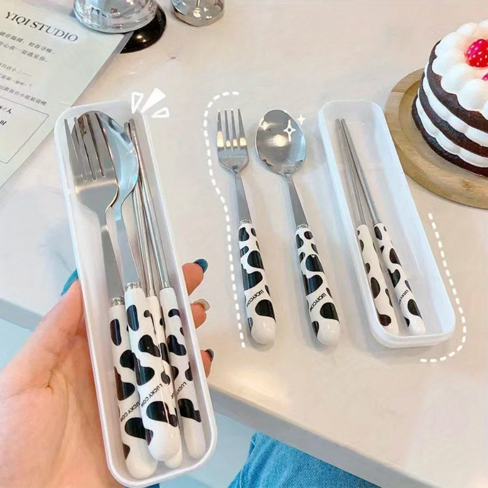 

Cartoon Cow Cutlery Spoon Fork Chopsticks Stainless Steel Portable Travel Lunch Tableware Dinnerware Sets Kitchen Accessories